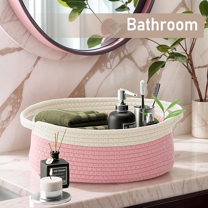 Woven Basket,Small Rope Storage Bin with Handles & Ribbon Bag, Organizer for Shelves Closets,Gift Basket Empty for Birthday,Books,Dog Toys, White&Pink/3 Pack