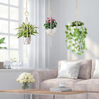 Hotfiary Wood Bead Garland Plant Hanger Flower Pot Holders with Wood Hook Handmade Boho Farmhouse Rustic Decor Indoor Outdoor Hanging Planter Basket Decorative (Pot Not Included)