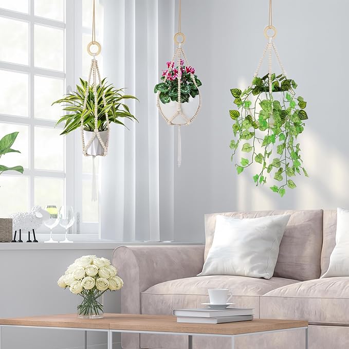 Hotfiary Wood Bead Garland Plant Hanger Flower Pot Holders with Wood Hook Handmade Boho Farmhouse Rustic Decor Indoor Outdoor Hanging Planter Basket Decorative (Pot Not Included)