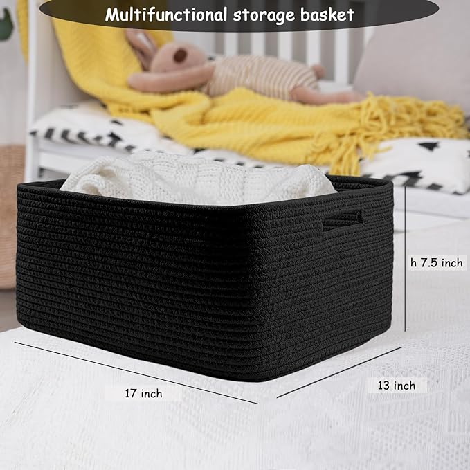 COMFY-HOMI Cotton Rope Woven Basket with Handles for Shelves,Toys,Book, Cloth Storage Baskets Bin for Organizing- 1 PCSToy Decorative Organizer for Living Room, Bathroom 17" x 13" x 7.5" - All Black