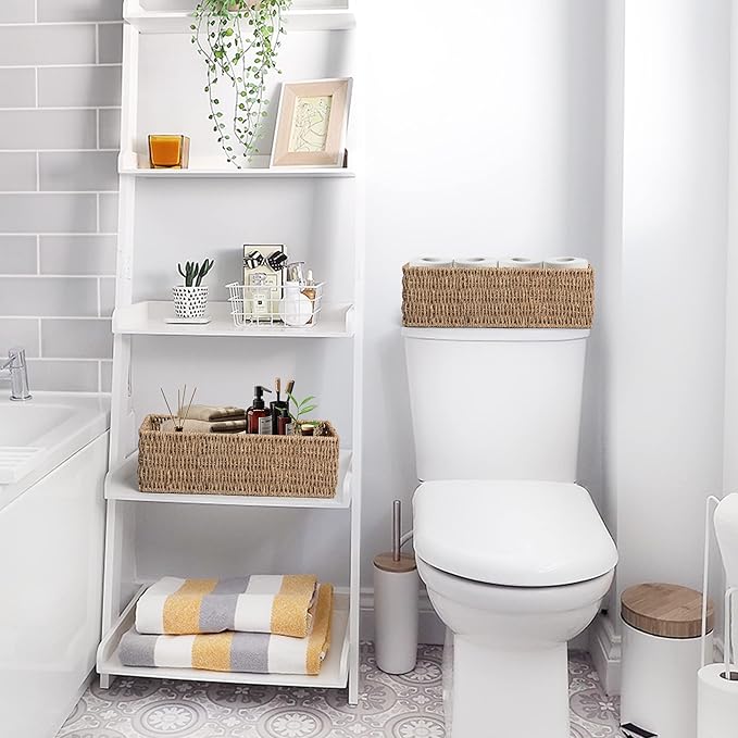 JS HANGER Paper Storage Basket, Metal Frame, Set of 2, 14.9"L x 6.3"W x 4.7"H, Wicker Basket for Pantry, Toilet, Bathroom, Bedroom, Patio Storage Baskets for Shelves