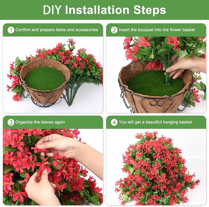 INQCMY Artificial Fake Hanging Plants Flowers Basket for Spring Summer Outdoor Outside Porch Decoration,UV Resistant Faux Silk Violet in Planter for Home Patio Balcony Garden Yard Decor(Red)