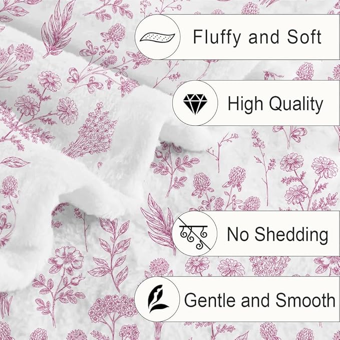 Floral Fuzzy Blanket Pink Floral Throw Blanket, Botanical Flowers Blankets, Soft, Flannel, Warm, Boho Flowers Bed Blankets All Season for Couch Bedroom Living Room 50X70 Inch
