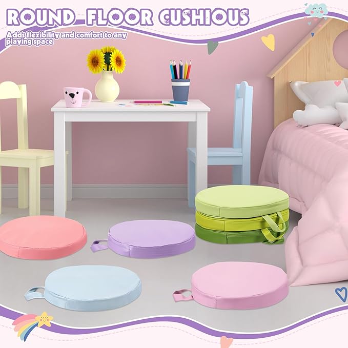 Sawysine 12 Pcs Floor Cushions Classroom Flexible Floor Seating with Handle for Kids in Home School Classroom Kindergarten Daycare Nursery(Fancy Color,Round)