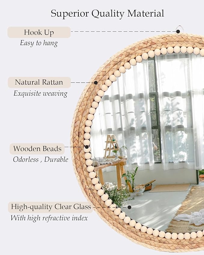 Boho Round Hanging Rattan Circle Nursery Mirror, Decorative Wall Decor for Farmhouse Bathroom Bedroom Living Room, Kids Girls Room, Foyer Home Wall Decor (20 inch)