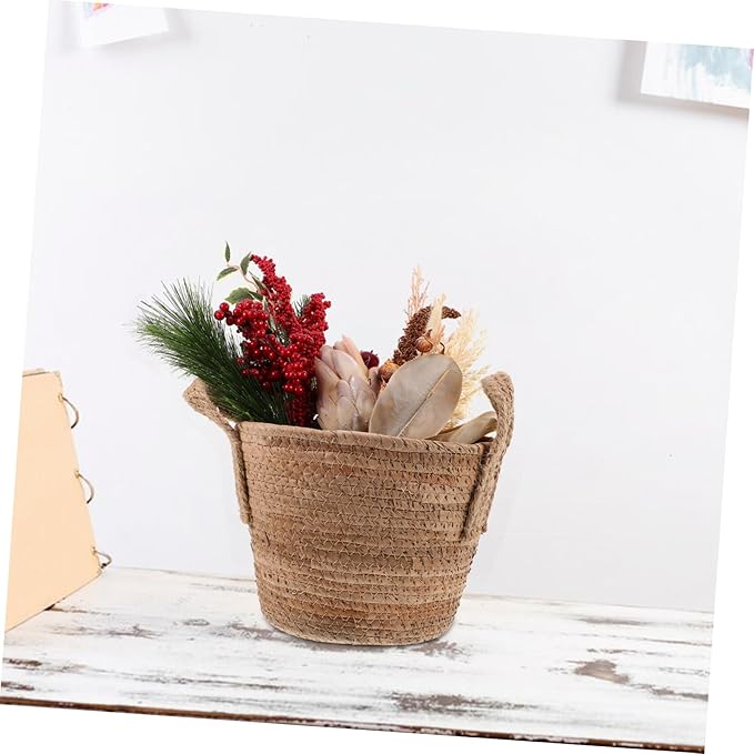 1Pcs Woven Seagrass Plant Basket with Handles Natural Round Storage Basket for Indoor Plants Versatile Home Decor Rattan Flower Pot Nordic Design