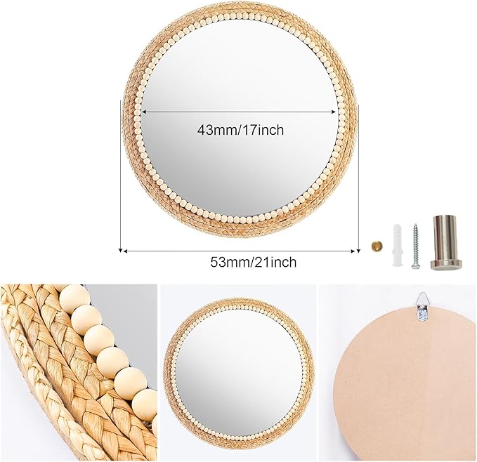 SWTHONY 21 Inch Boho Round Hanging Wall Mirror Decorative Rattan Circle Wall Mounted Mirror for Farmhouse, Living Room, Bedroom, Bathroom