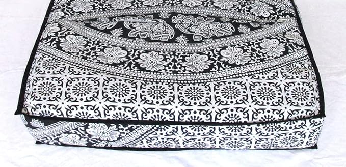 CRAFT KALA Mandala Floor Pillow Cushion Cover Seating Throw Cover Hippie Decorative Bohemian Ottoman Poufs Pom Pillow Cases Boho Indian Cotton Living Room Yoga Home Décor 24" Square Black and Elephant