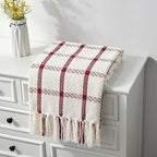 CREVENT 50"X60" Farmhouse Breathable Soft and Warm Chenille Plaid Throw Blanket for Sofa Couch Bed, Home Decoration Throw with Tassles (Red & White)