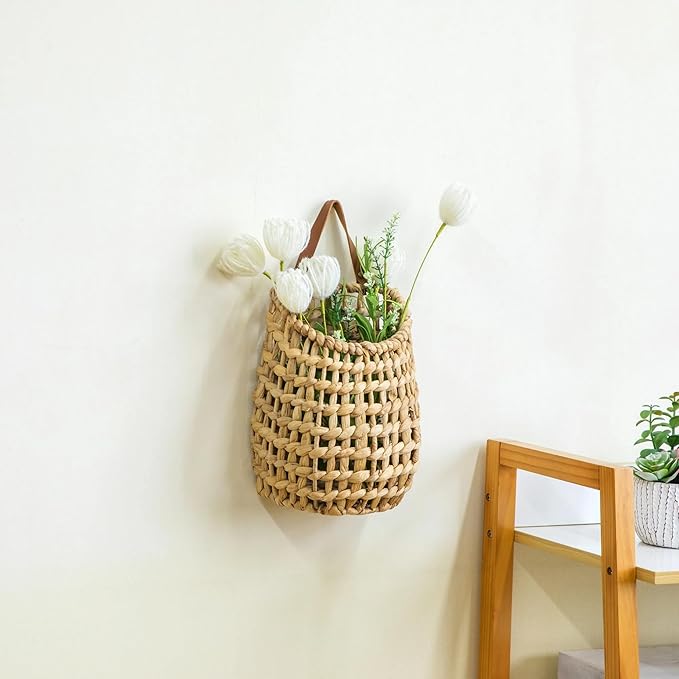 Water Hyacinth Hanging Wall Basket with Faux Leather Strap, Handwoven Boho Hanging Baskets, Wall Baskets for Indoor Outdoor Plant Flower Storage & Home Decor (2)