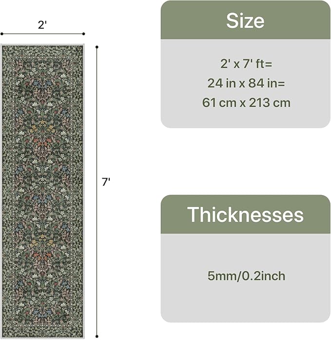GENIMO Washable Floral Runner Rug 2x7, Non-Slip Long Hallway Carpet for Entryway, Kitchen, Indoor Floor Use, Vintage Boho Soft Thin Rug Décor, Emerald Green