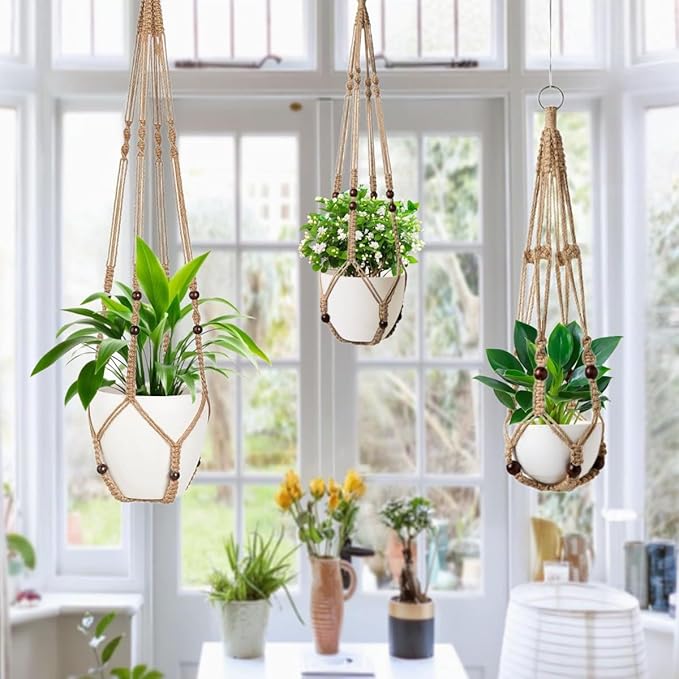 1 Pack Macrame Plant Hanger,Hanging Plant Holder, Boho Home Decor Hanging Basket with Wood Beads,Hanging Planters for Indoor Plants,Plant Hanger Indoor 35" Brown (POTS NOT Included)
