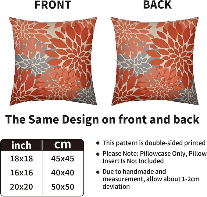 Orange Grey Gray Pillow Covers 18X18 Inch Set of 2, Fall Colored Modern Geometry Dahlia Floral Print Decorative Throw Pillow Covers Outdoor Farmhouse Cushion Case for Couch Sofa Bed Decor