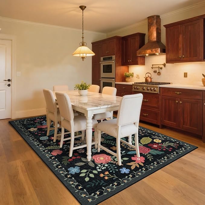 9x12 Area Rug, Floral Rugs for Living Room, Stain-Resistant Washable Bedroom Rug, Non-Slip Area Rugs for Dining Room Under Table, Indoor Carpet for Home Office (9 x 12 Black)