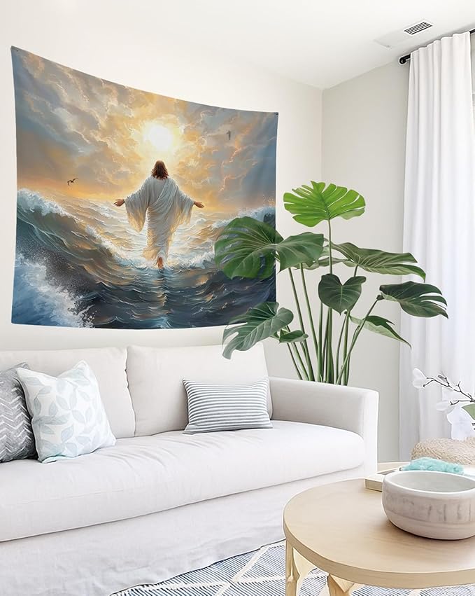 bitCNY Jesus Walking on Water Tapestry 60x50 Inches – Christian Wall Hanging for Living Room Bedroom, Religious Decor, Inspirational Jesus Christ Art for Home