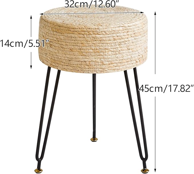 YMYNY Pouf Ottoman, Handmade Natural Water Hyacinth, Pastoral Style Footrest, Footstool with 4 Metal Legs Round Vanity Stool for Bedroom, Hallway, Living Room 12.59"L×12.59"W×17.71"H Beige UHBD029M
