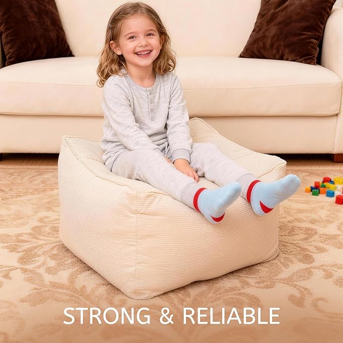 Square Corduroy Pouf Ottoman, Soft Fluffy Foot Stool with Foam Chunk Filling, Floor Pouf & Storage Ottoman for Living Room, 21" x 21" x 14", Off-White