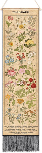 Geetery Vintage Floral Vertical Tapestry Wall Hanging Decor Long Flower Narrow Botanical Fabric Wall Art Hanging Reference Illustrative Tassel Tapestry for Bedroom Living Room Home Decor Gift(Natural)