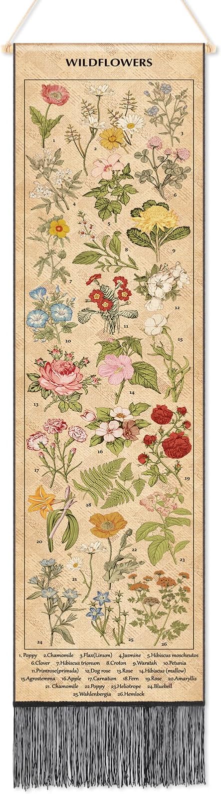 Geetery Vintage Floral Vertical Tapestry Wall Hanging Decor Long Flower Narrow Botanical Fabric Wall Art Hanging Reference Illustrative Tassel Tapestry for Bedroom Living Room Home Decor Gift(Natural)