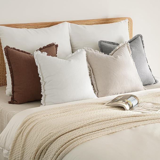 MIULEE Decorative Couch Pillow Covers Neutral Linen Fringe Throw Pillows Set of 4 Modern Cushions Boho Farmhouse Pillowcases for Bed Sofa Living Room Spring Home Decor 18x18 Inch Beige/Brown/Grey