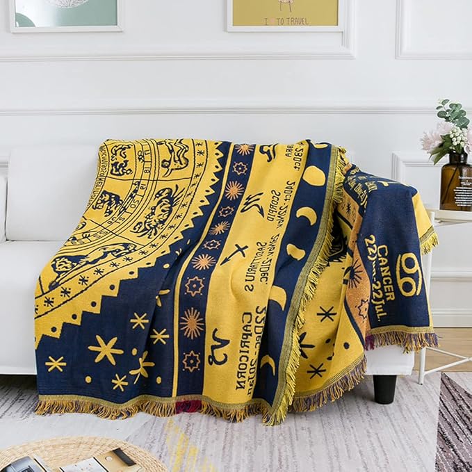 Boho Throw Blankets Woven Reversible Cotton Bohemian Tapestry Hippie Room Decor Witchy Astrology Zodiac Celestial Constellation Carpet Bed Recliner Chair Couch Sofa Cover Double Sided 50"x70"