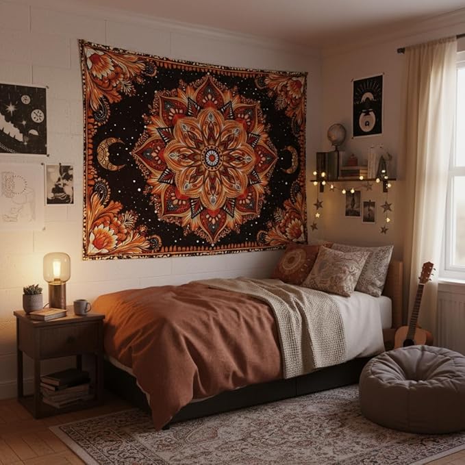 Accnicc Mandala Floral Tapestry Wall Hanging Boho Orange Red Tapestry Aesthetic Hippie Vintage Bohemian Flower Celestial Indian Cute Large Tapestries for Bedroom Living Room Dorm Decor 80 x 60 Inch