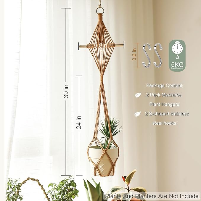 Wooden Dowel & Diamond Macrame Plant Hangers 2 Pack 39 Inch, Handwoven Cotton Rope Plant Holder with S Hooks, Boho Home Decor for Indoor Plants for up to 10in Pot (Caramel Wood Hanger)