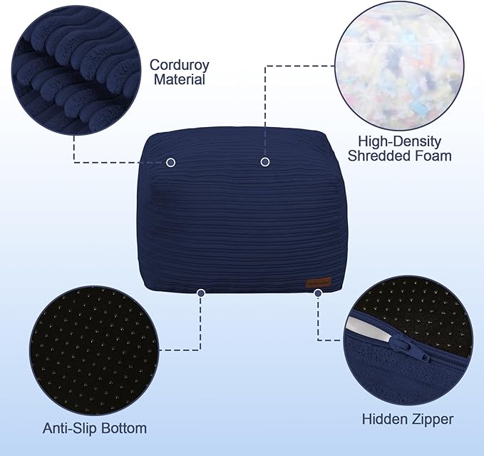 MeMoreCool Square Stuffed Pouf Ottoman Foot Rest, Stripe Furry Floor Pouf Foot Stool with Foam Chunk Filling, Soft Fluffy Stuffed Ottoman Footrest for Living Room, Corduroy Navy
