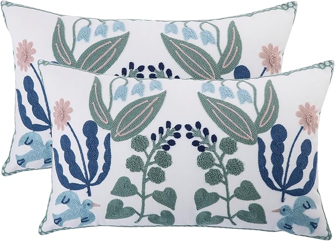 Tosleo Embroidered Pillow Covers 12x20 Set of 2 Green Leaves with Birds Floral Tufted Pillowcases Spring Summer Decorative Coastal Pillow Cushion Cases Lumbar Navy Blue Flower Pillow Case