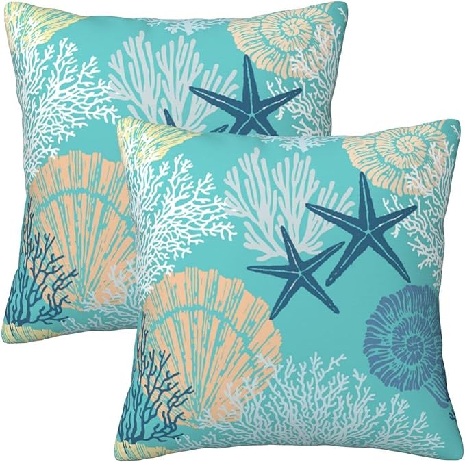 Coastal Beach Pillow Covers 18x18 Set of 2, Starfish Coral Seahorse Throw Pillow Covers Outdoor Decorative Pillow Case for Couch Bed Sofa Cushion Home Decor