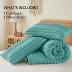 BEDELITE Boho Twin/Twin XL Comforter Set，Aqua Tufted Striped Bed Set 2 Pieces, Soft Vintage Farmhouse Comforter for College, Boho Home Dorm Decor, Fluffy Jacquard Bedding with 1 Pillow Sham