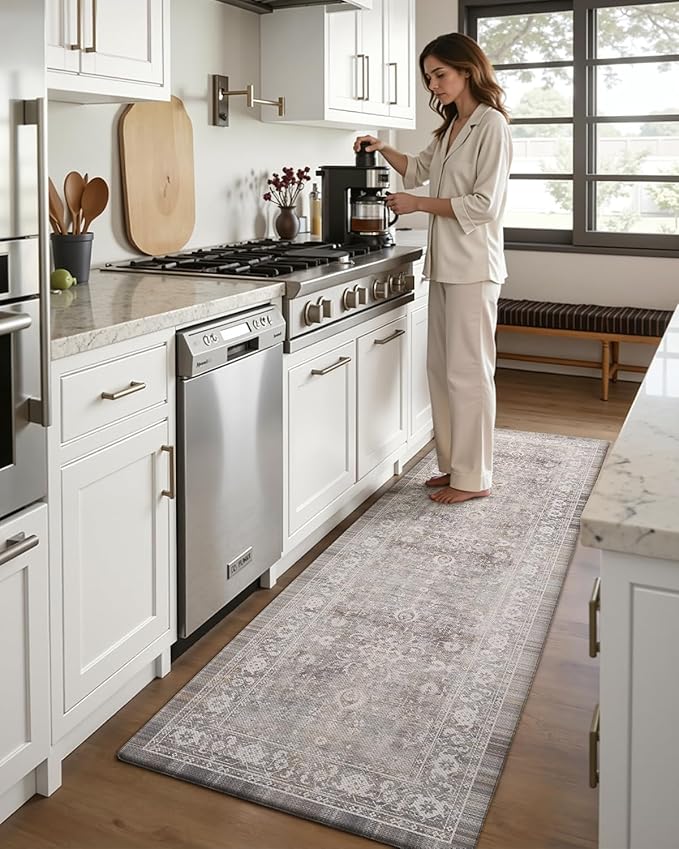 DEXI Kitchen Floor Mats Cushioned Anti Fatigue, 23x86 Long Wide Standing Comfort Runner Rug, Waterproof Retro Floral Memory Foam Padded for Front Sink Laundry, Beige Grey