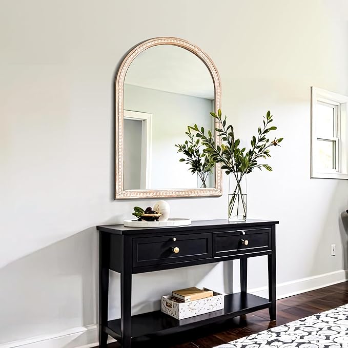 Arched Vanity Wall Mirror 36 x 24 Inch Beaded Wood Frame Boho Farmhouse Decorative Mirror for Bathroom Bedroom Entryway Living Room