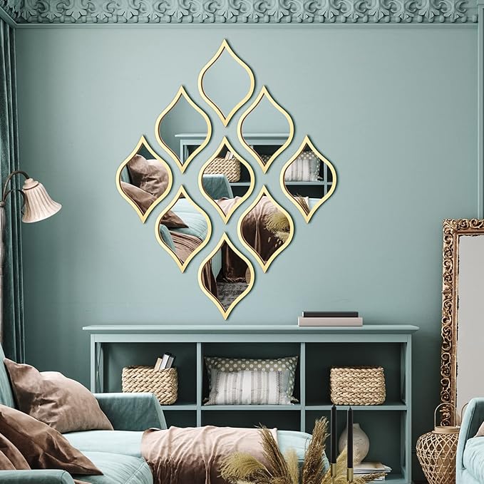 Tanlade 9 Pcs Wall Mirrors Decorative Teardrop Gold Mirror Decor Acrylic Wall Mounted Decorations Art Boho Vintage Farmhouse Gifts for Living Room Bedroom Bathroom Vanity Entryway 9.8 x 6.7 Inch