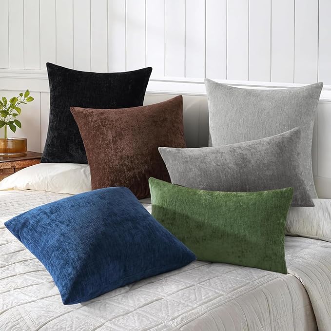 decorUhome Chenille Dark Grey Throw Pillow Covers 24x24 Inch Set of 2, Decorative Soft Couch Pillow Covers Solid Dyed Accent Velvet Farmhouse Neutral Square Pillow Cases for Sofa Bed Living Room