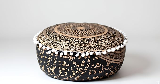 INDIAN CRAFT CASTLE ICC Mandala Barmeri Large Floor Pillow Cover Cushion Meditation Seating Ottoman Throw Cover Hippie Decorative Zipped Bohemian Pouf Ottoman Cases Black Gold, 18" Round