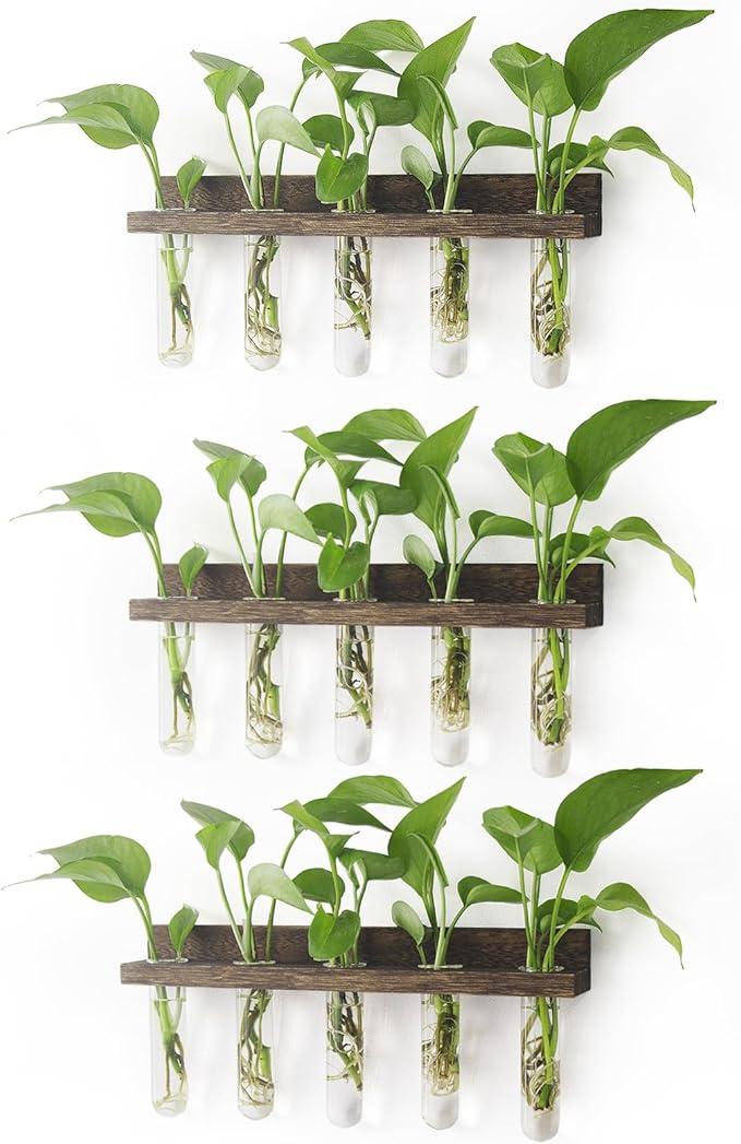 Plant Propagation Station Tubes, 3 Tiered 15 Wall Hanging Glass Test Tubes Vase Planter for Hydroponic Home Garden Office Decor, Gardening Gifts for Women Plant Lover - Brown