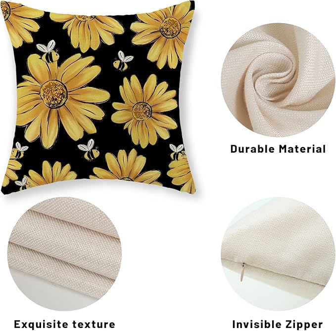 Summer Pillow Covers 18x18 Inch Set of 2 Black Background Yellow Sunflowers Bee Pillow Covers Spring Outdoor Pillow Cases Linen Farmhouse Seasonal Cushion Covers Decor for Living Room Bedroom