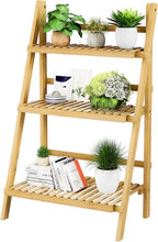 39.4" Foldable Plant Shelf Ladder Shelf, 3 Tier Bamboo Ladder Flower Pot Display Shelf, Freestanding Ladder Bookshelf for Garden, Balcony, Yard, Living Room, 23.6"W x 15"D x 39.4"H, Natural
