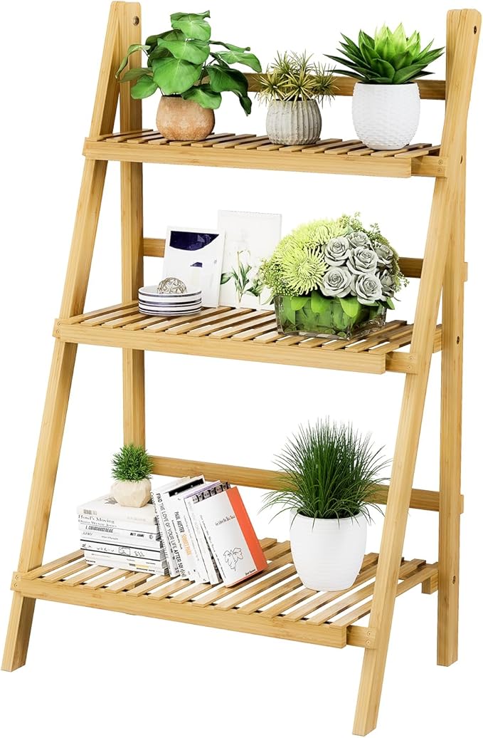 39.4" Foldable Plant Shelf Ladder Shelf, 3 Tier Bamboo Ladder Flower Pot Display Shelf, Freestanding Ladder Bookshelf for Garden, Balcony, Yard, Living Room, 23.6"W x 15"D x 39.4"H, Natural