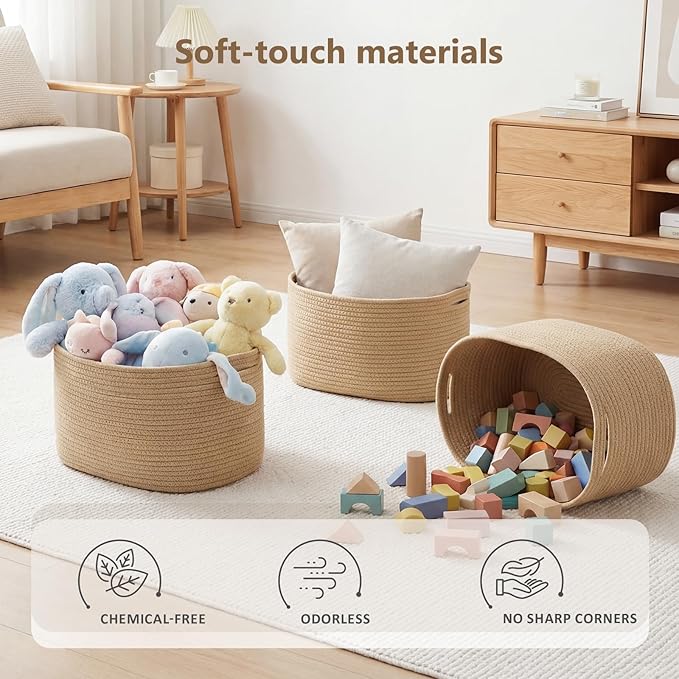 Cotton Rope Storage Basket, 15x10x9 Inches, Woven Basket for Shelves, Clothes, Towels, Books, and Laundry, Jute Brown (3 Pack)