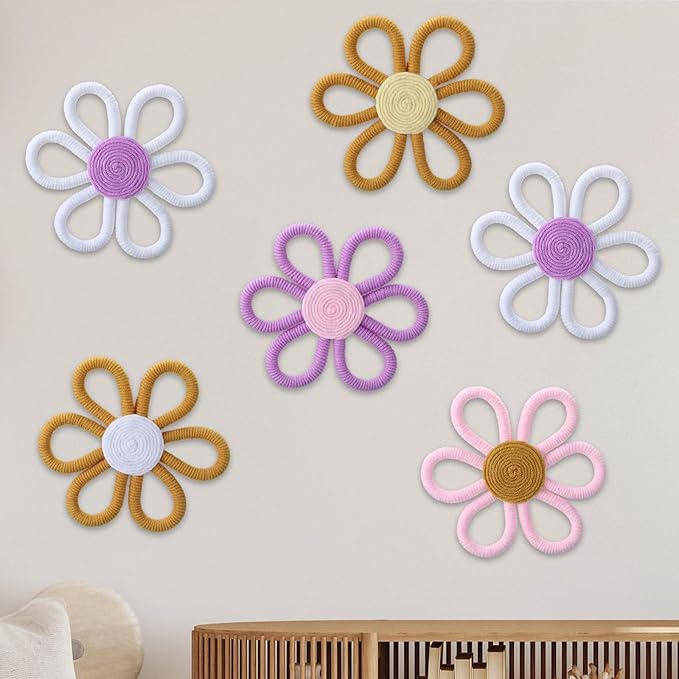 Ripeng 6 Pcs Boho Nursery Decor Flower Daisy Wall Art 6 Inch Woven Macrame Wall Hanging Bohemian Flower Decor Daisy Nursery for Baby Girls Kids Home Bedroom(Vintage Color)