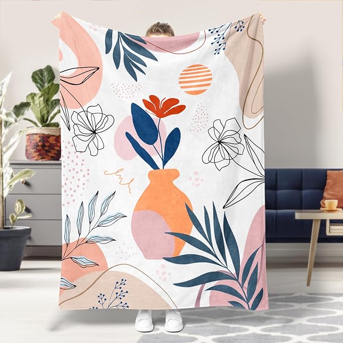 Boho Throw Blanket Minimalist Mid Century Blanket Modern Abstract Art Blankets Floral Plant Print Bed Blanket Super Soft Fleece Flannel Throw Blanket for Couch 50"x60"
