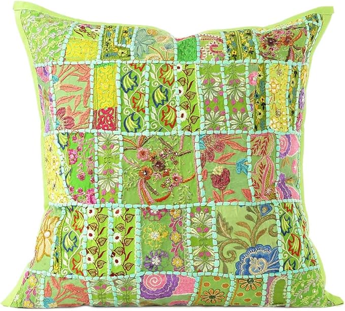 Eyes of India Decorative Patchwork Boho Throw Pillow Cover, Colorful Bohemian Cushion Case for Sofa Couch, Handmade Accent Bedroom Living Room (Light Green, 16" x 16")