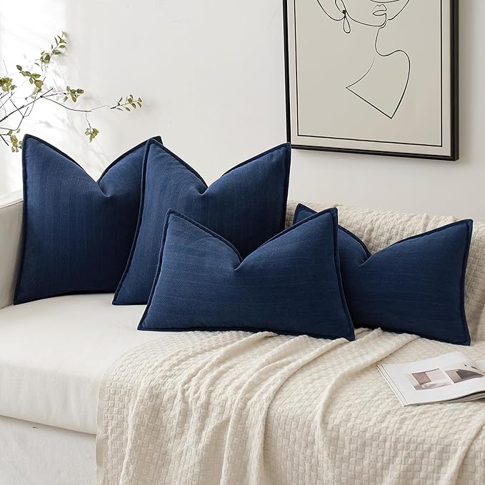 MIULEE Pack of 2 Navy Blue Decorative Lumbar Pillow Covers 12x20 Inch Soft Chenille Luxurious Couch Throw Pillows Farmhouse Cushion Covers with Elegant Design for Sofa Bedroom Living Room Home Decor