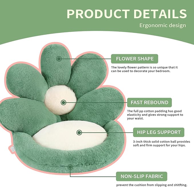 Ditucu Flower Shape Chair Pillow Cute Seat Cushion 21 inch Comfy Lazy Sofa Floor Pillows Dorm Seating for Bedroom Decor Green