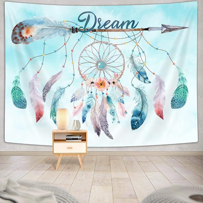 Dream Catcher Feather Small Tapestry, Native American Arrow Dreamcatcher Tapestry Wall Hanging for Teen Girl Bedroom, Blue Teal Bohemian Tapestries Living Room College Dorm Home Decor (60W X 40H)