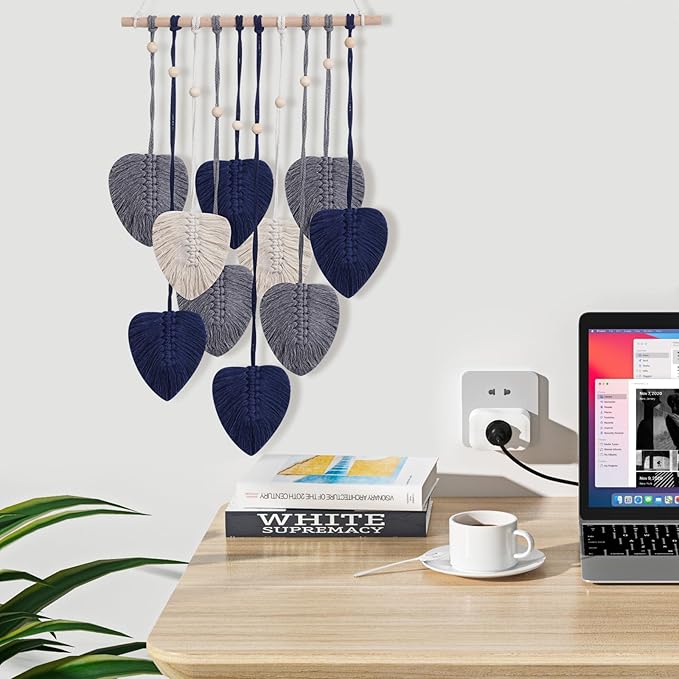 Macrame Wall Hanging Decor Leaves Tapestry, Boho Wall Decor Woven Feather Handmade Yarn Tassels Macrame Wooden Hanging Decorations for Office,Living, Bedroom, Nursery,Apartment Room,16x26 Inch(Blue)