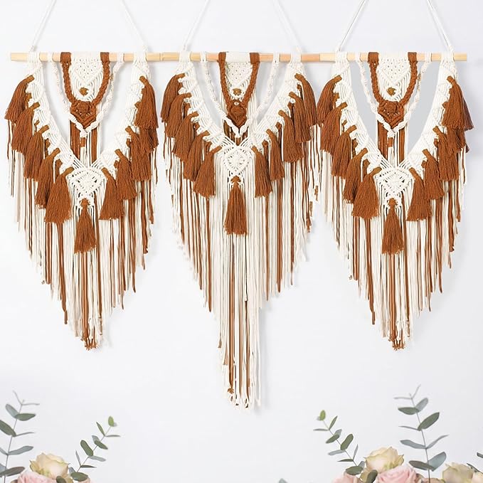 Fiwochic Large Boho Macrame Wall Hanging Wall Decor Bohemian Woven Handmade Tapestry with Tassel Artwork for Decorating Bedroom Living Room Apartment Nursery, 43 x 35 Inches (Brown)