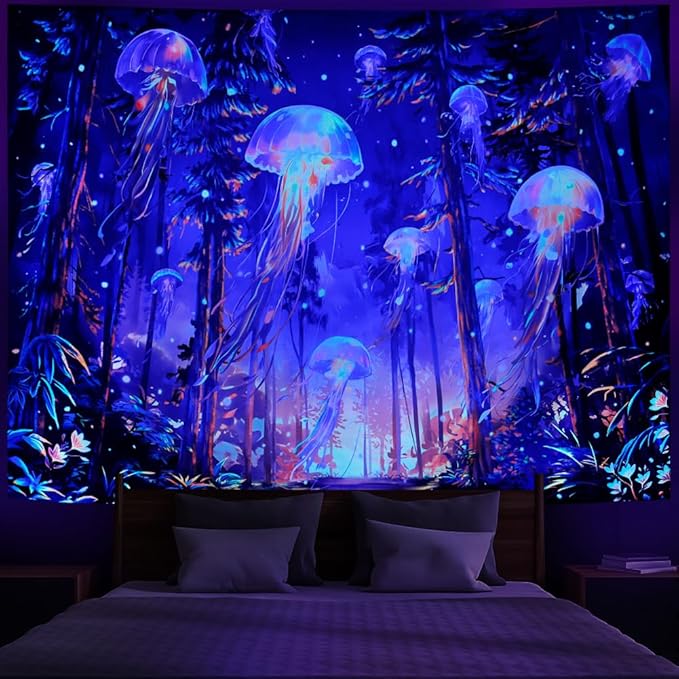 Racunbula Blacklight Forest Jellyfish Tapestry UV Reactive Nature Tree Tapestry Trippy Fantasy Starry Sky Tapestries Aesthetic Jungle Plants Tapestries Wall Hanging for Bedroom